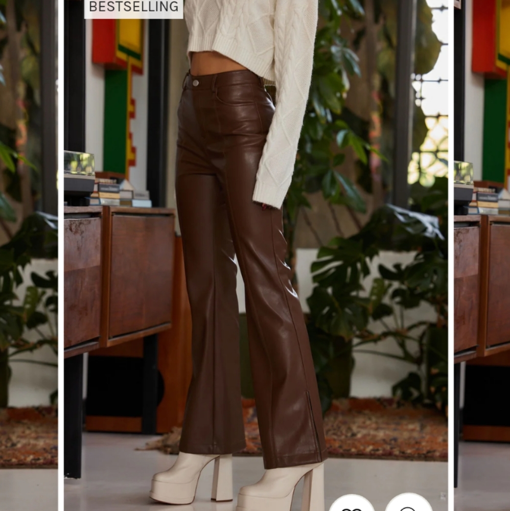 RYLAND BROWN VEGAN LEATHER FLARE PANTS